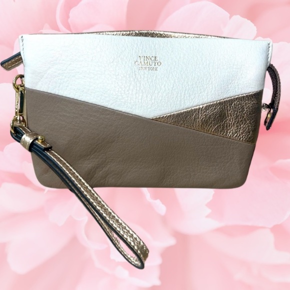 Vince Camuto New York Tan and Gold Wristlet Clutch Modern Design - Picture 1 of 13